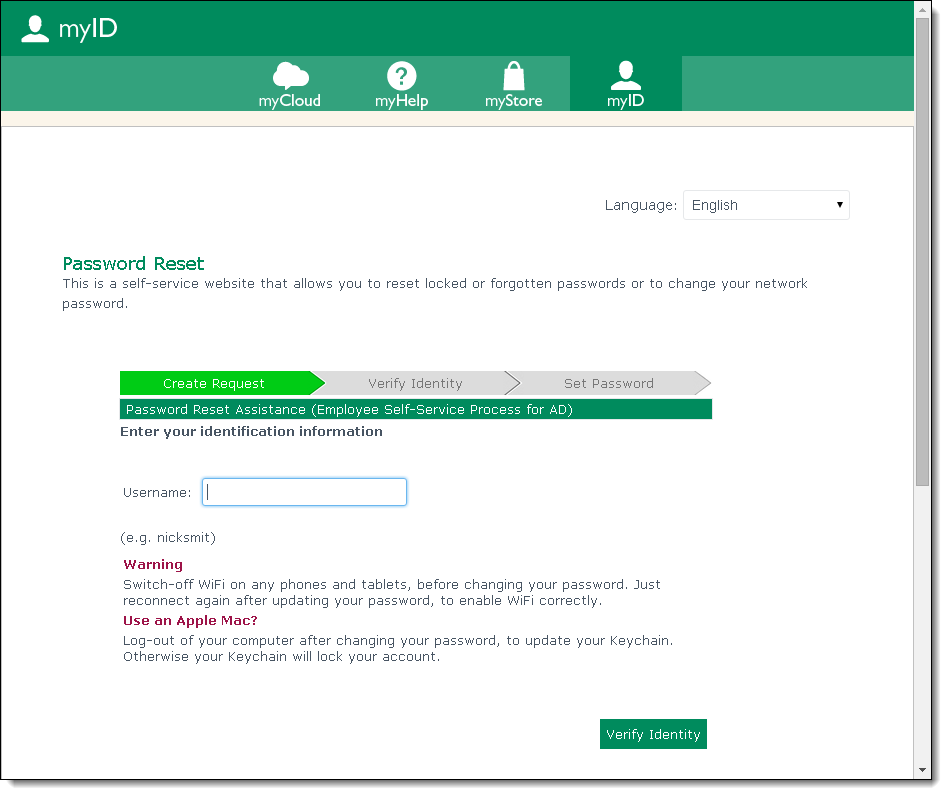 myID password reset page.